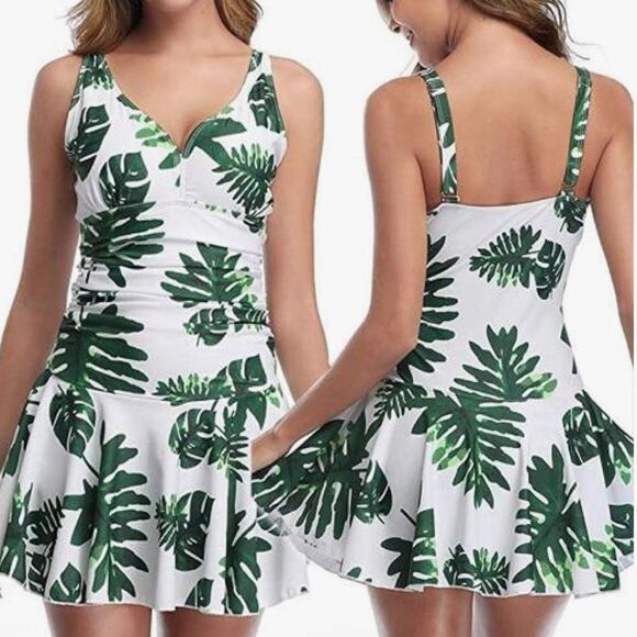 Green & White leaf swimdress women’s one piece swimwear NWOT XXL - Picture 4 of 13